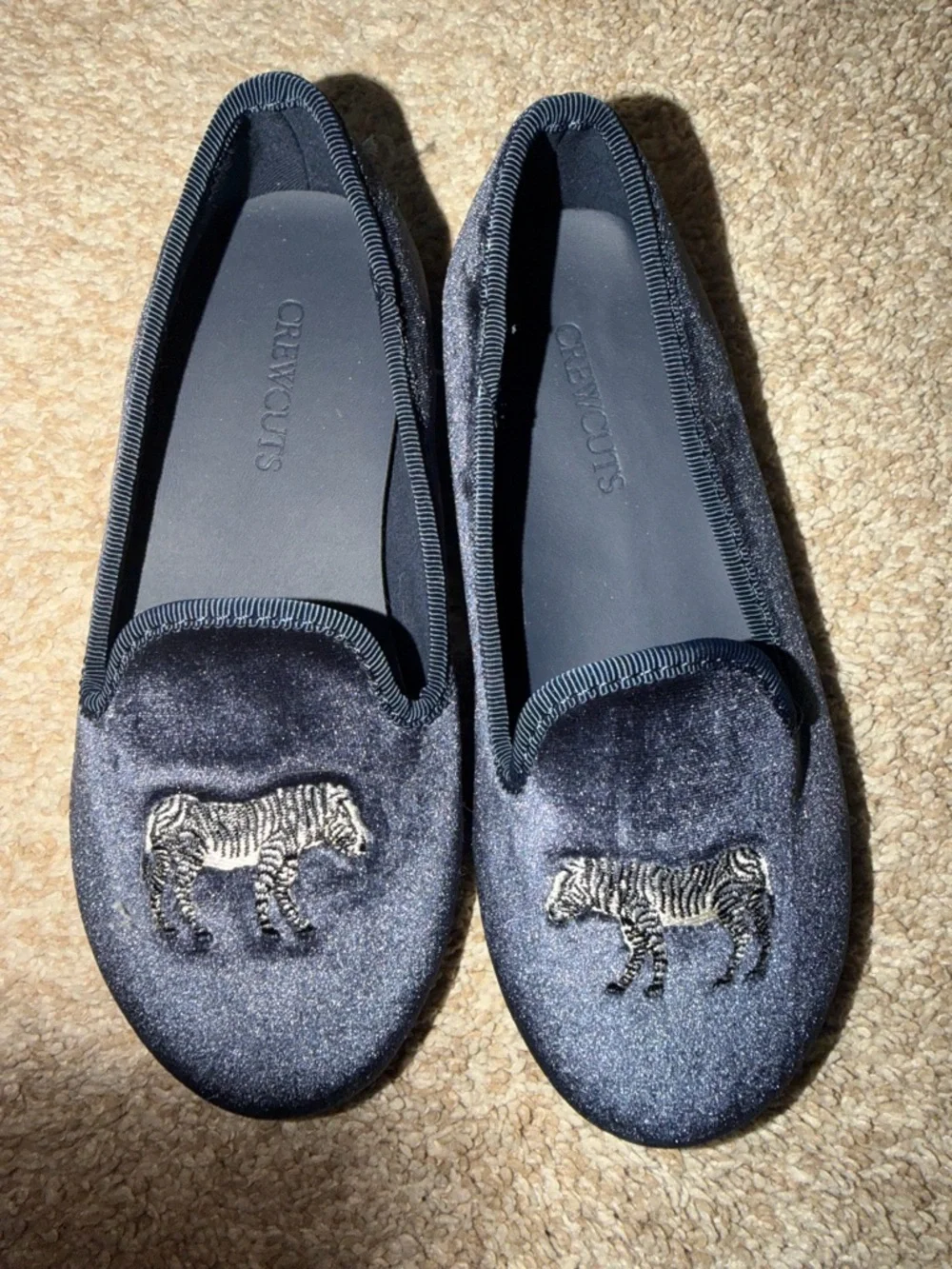 Crewcuts Navy Velvet Moccasins with Embroidered Zebras